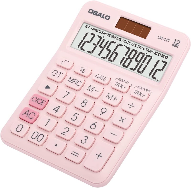 Pendancy Pocket Small Size Desk Calculator, 12 Digit Large LCD Display, Basic Tax Function Handheld Desktop Calculator with Solar Battery Dual Power, Perfect for Office, School, Business OS-12T (Pink) - Image 1